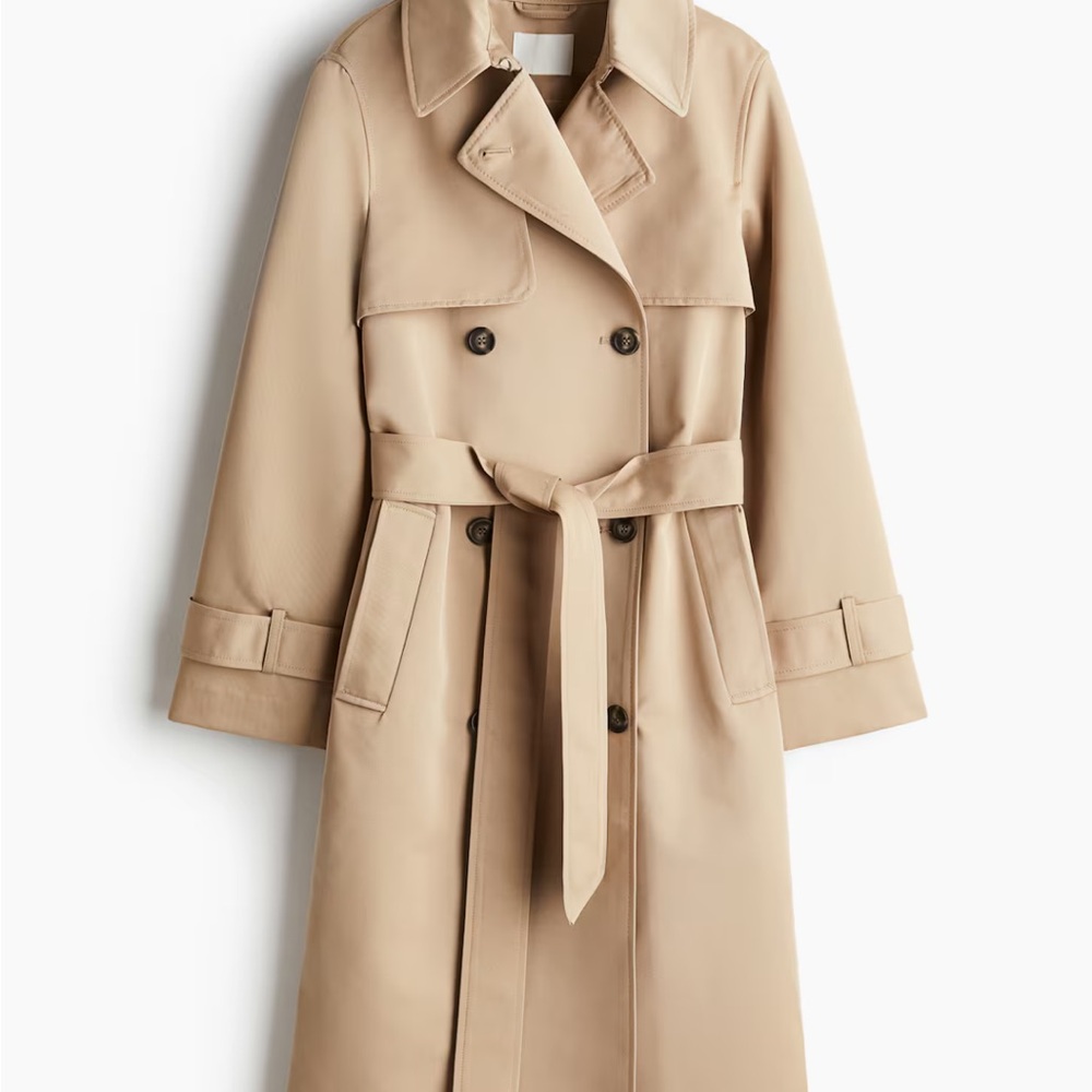 H&M Tan Trench Coat with Belted Waist and Wide Collar